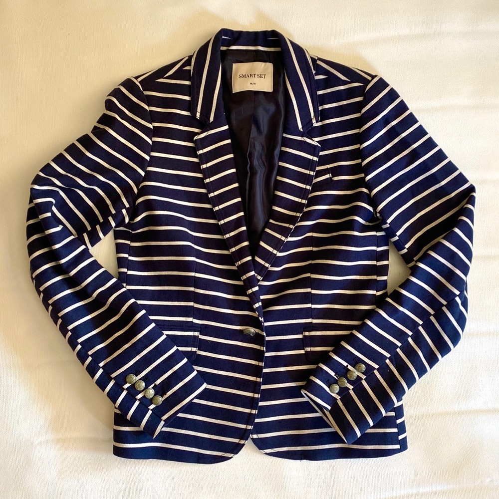 Navy cotton/linen blend striped blazer